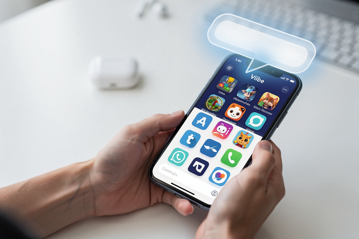 Vlibe social app screenshot sharing shown as a chat bubble over a phone screen filled with app icons