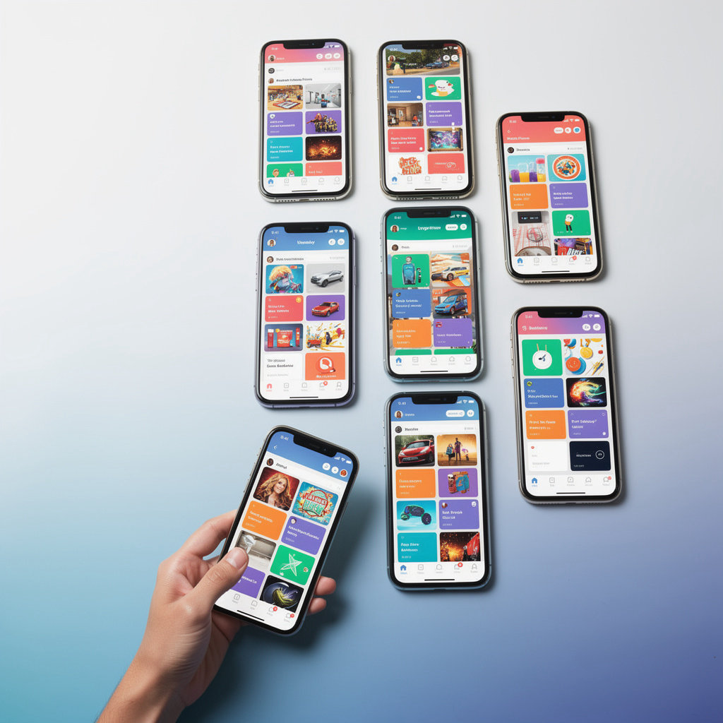 Vlibe social network for app screenshots showing a scrolling feed of shared app screenshots on a phone