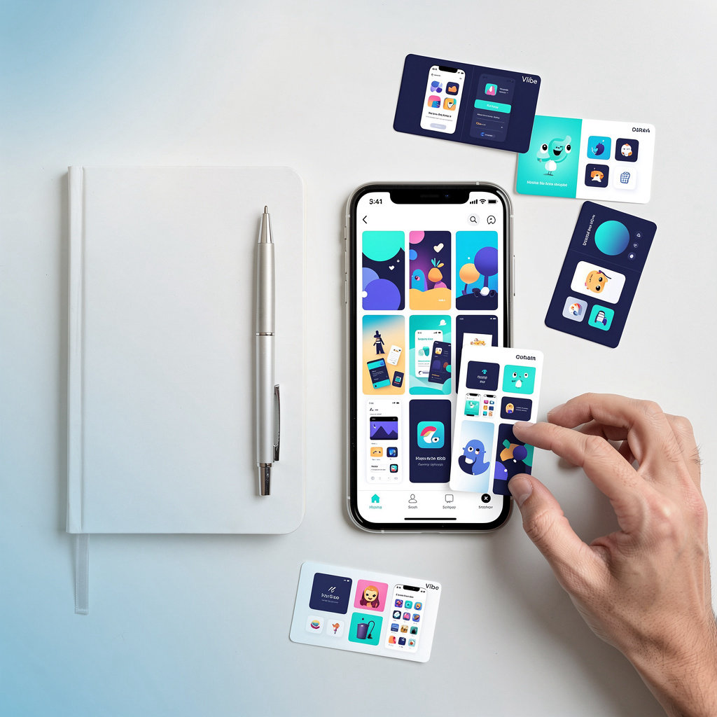 Vlibe app sharing guides shown on a phone beside a notebook of app screenshots for sharing and discovering apps with friends
