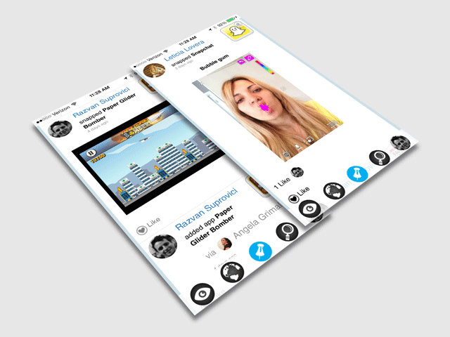 Vlibe social feed showing iPhone app screenshots shared by friends, with app moments like high scores and favorite features