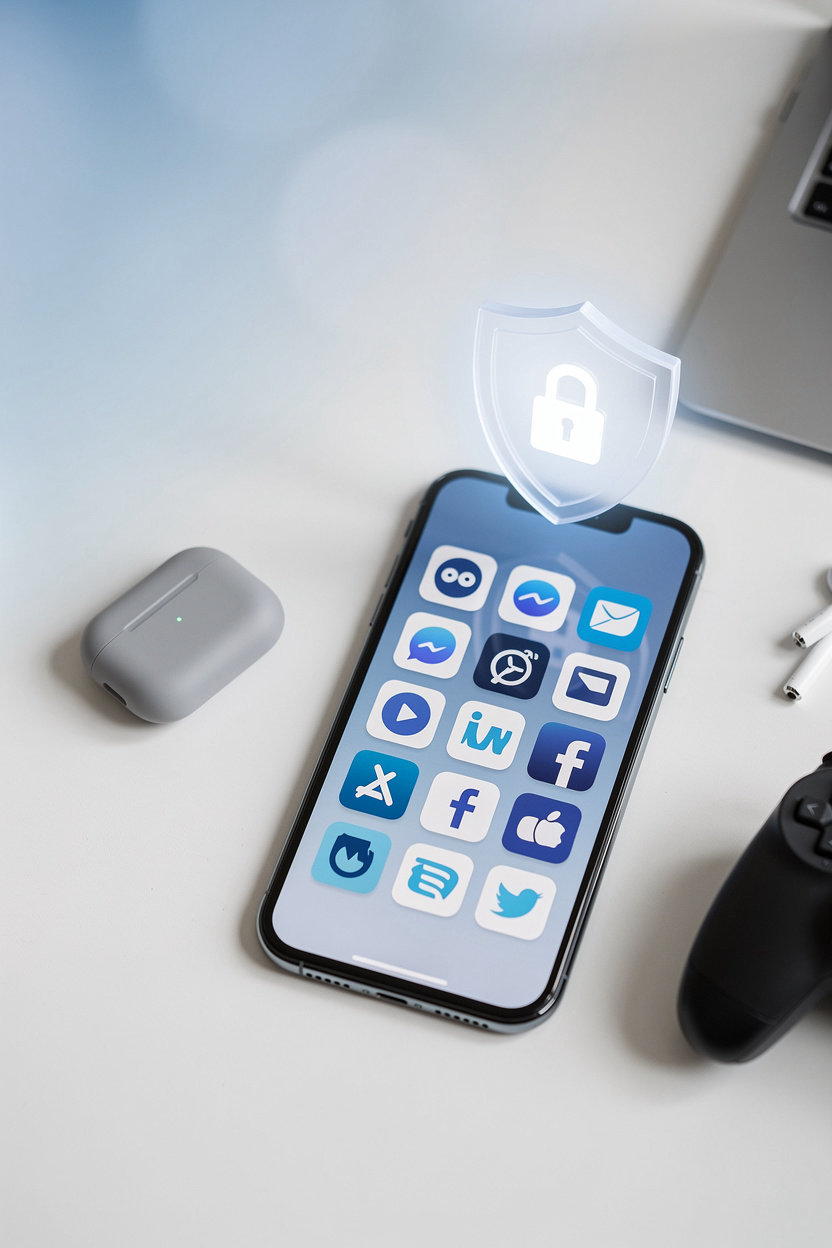 Vlibe privacy controls on a phone with a lock icon over app icons, showing users can choose which apps to share